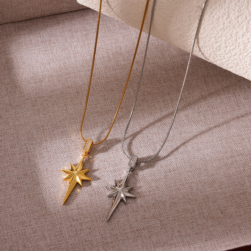 Fashion Gold Titanium Steel Inlaid Zirconium Starburst Pendant Necklace,Necklaces
