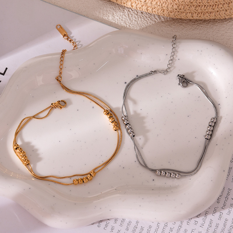 Fashion Gold Titanium Steel Double Chain Beaded Anklet,Bracelets