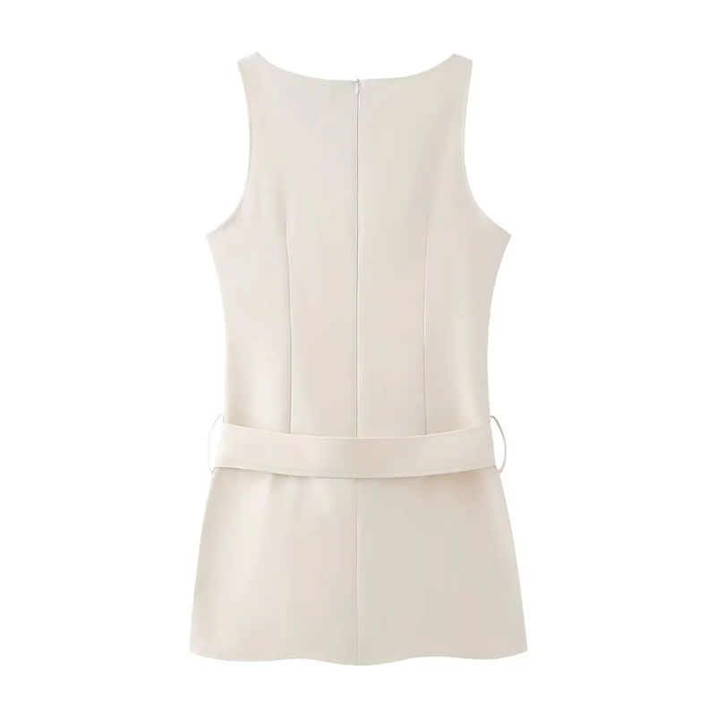 Fashion Off White Polyester Belted Crew Neck Skirt,Mini & Short Dresses