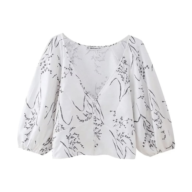 Fashion Print Color Polyester Printed Puff Sleeve Top,T-shirts