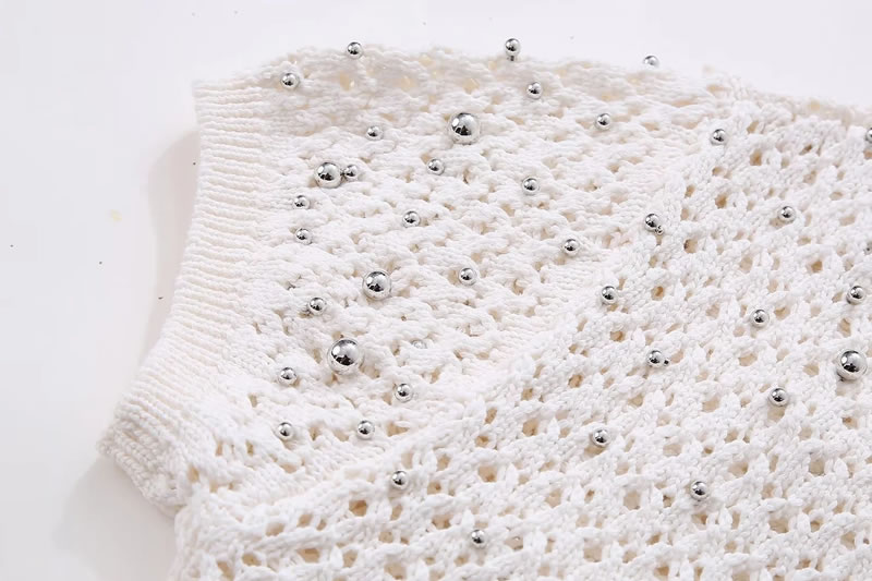 Fashion Off White Beaded Knitted Crew Neck Sweater,Sweater
