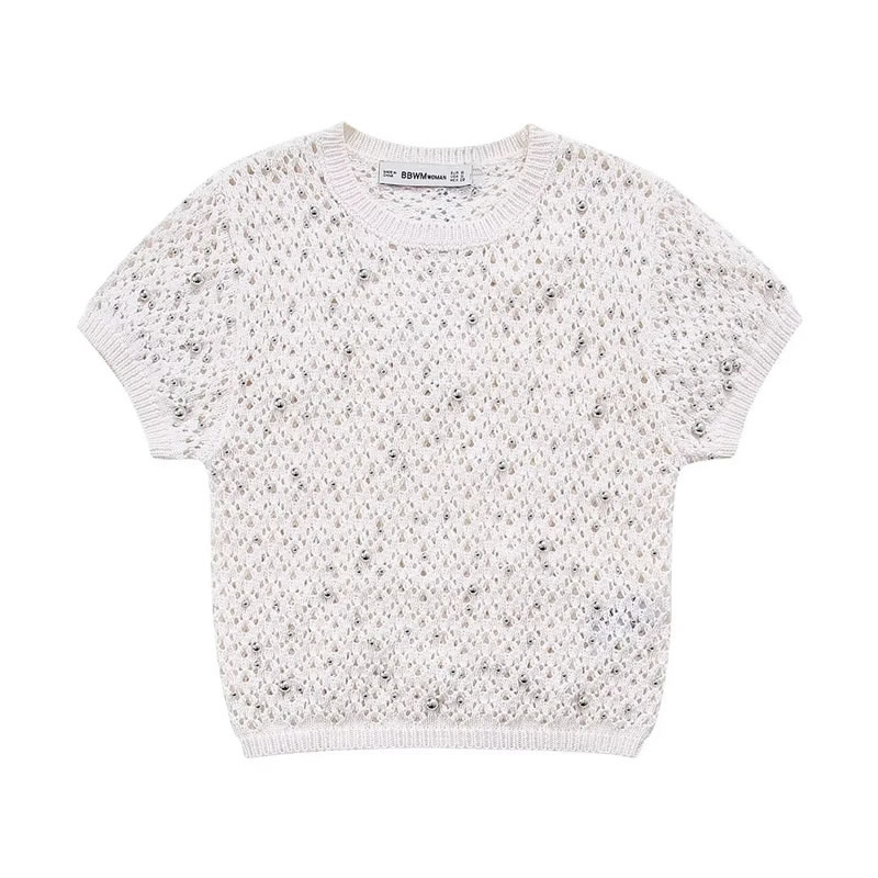 Fashion Off White Beaded Knitted Crew Neck Sweater,Sweater