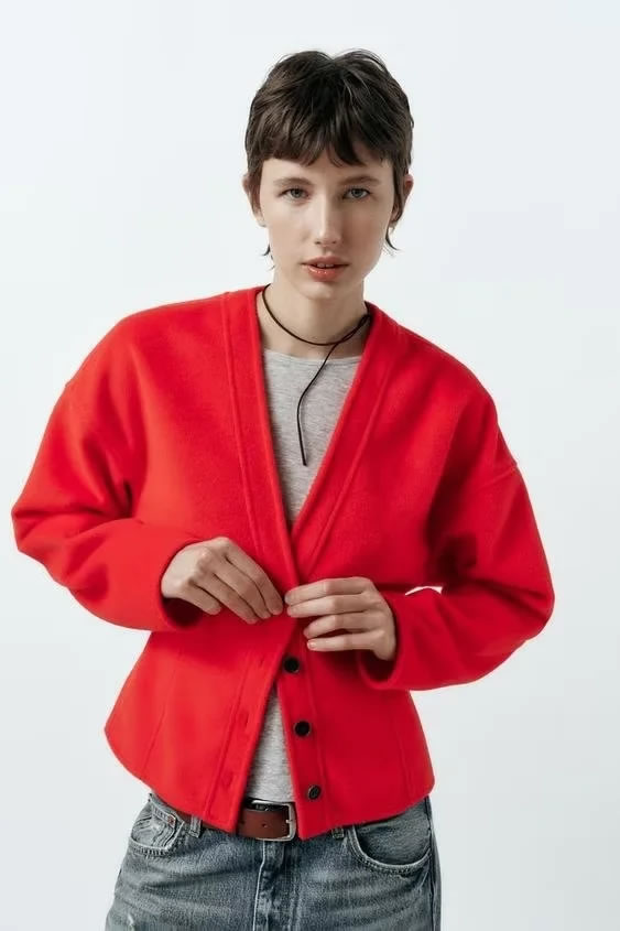 Fashion Red Knitted Buttoned Cardigan,Coat-Jacket
