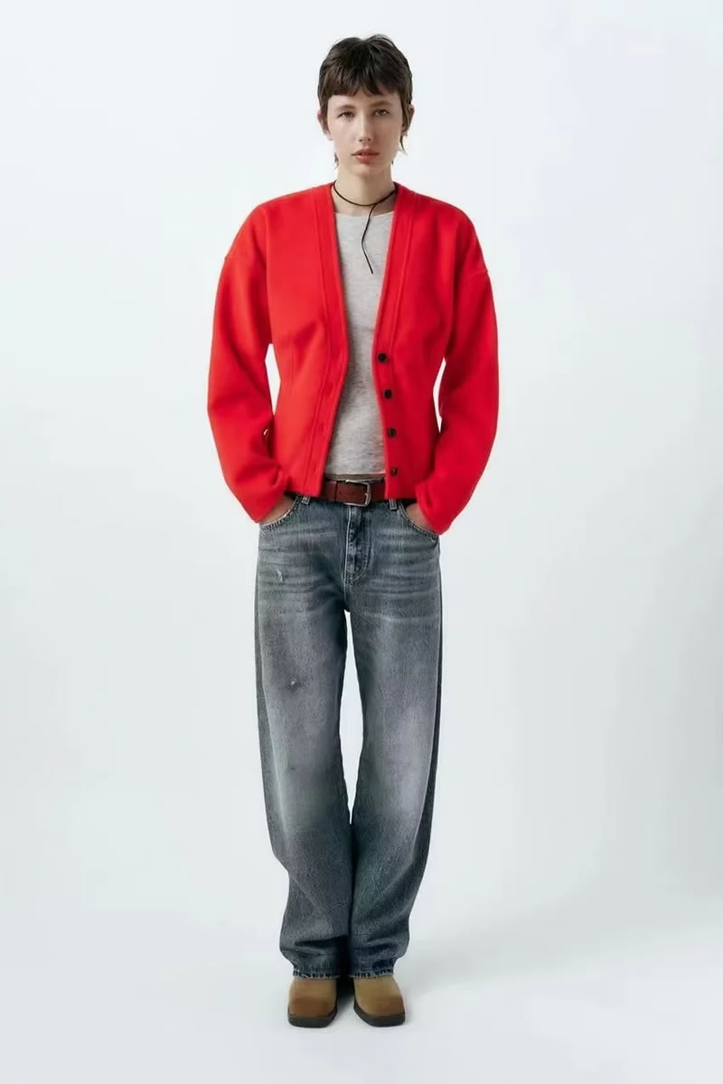 Fashion Red Knitted Buttoned Cardigan,Coat-Jacket