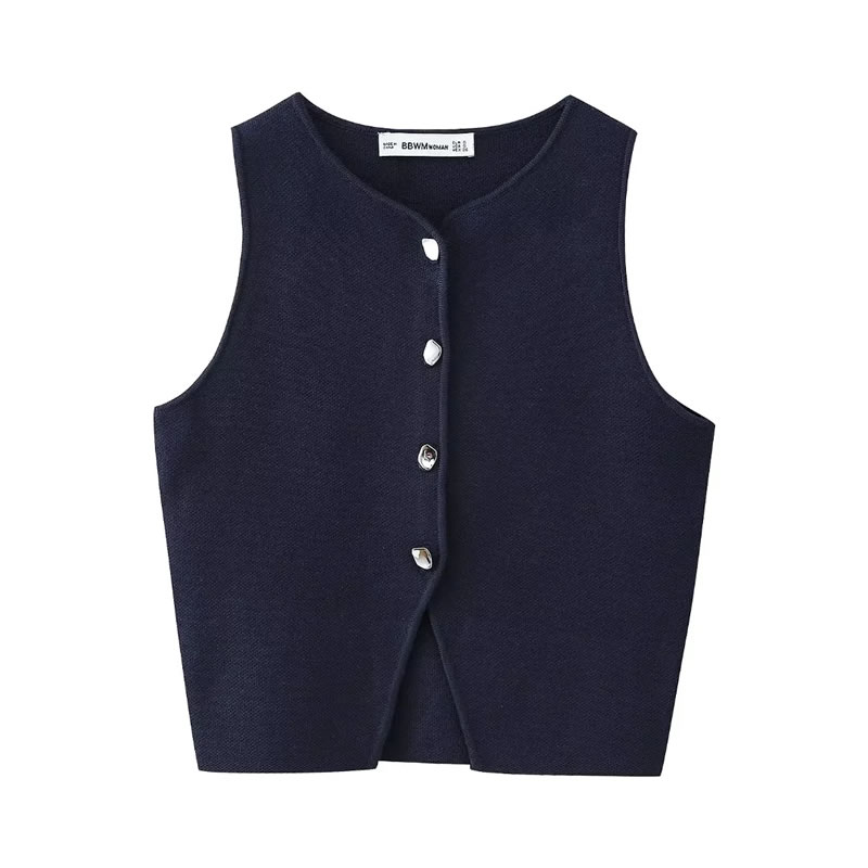 Fashion Navy Blue Knitted Buttoned Vest,Tank Tops & Camis