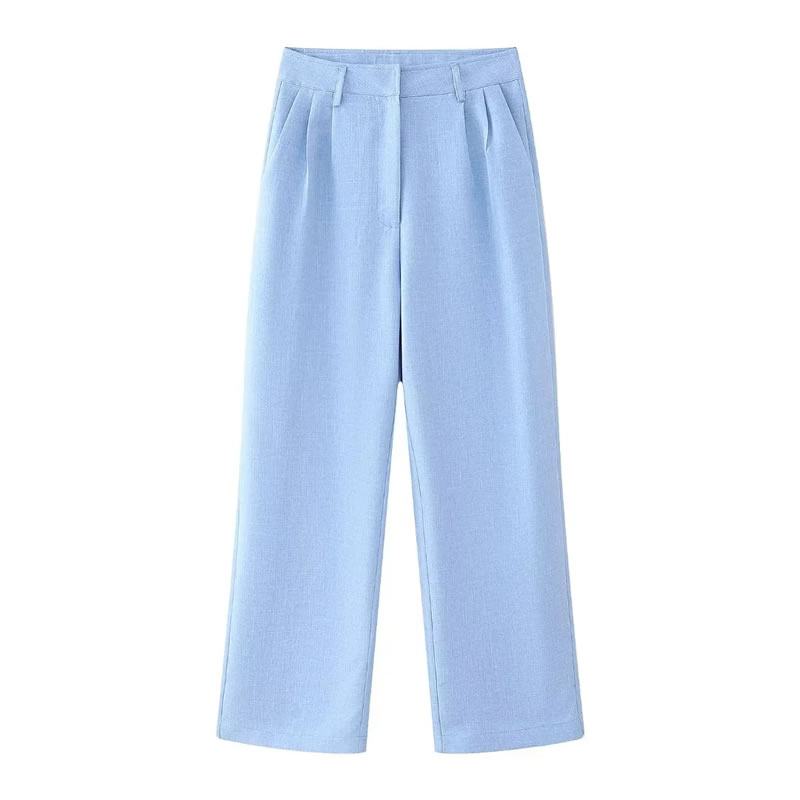 Fashion Blue Polyester Pleated Wide-leg Trousers,Pants