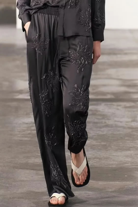 Fashion Black Polyester Printed Lace-up Trousers,Pants