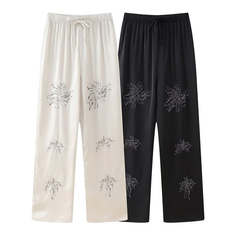 Fashion Black Polyester Printed Lace-up Trousers,Pants