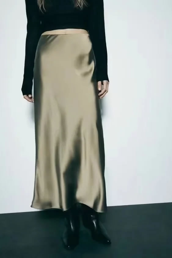 Fashion Black Silk Satin Skirt,Skirts