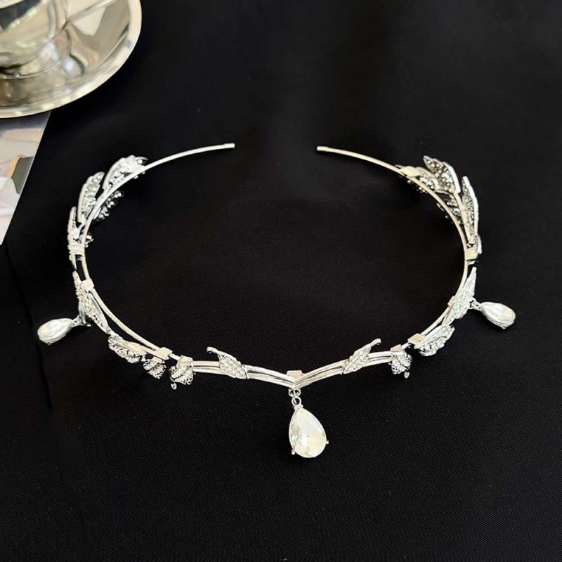 Fashion Silver Leaves Water Droplets Diamond Crown,Hair Crown