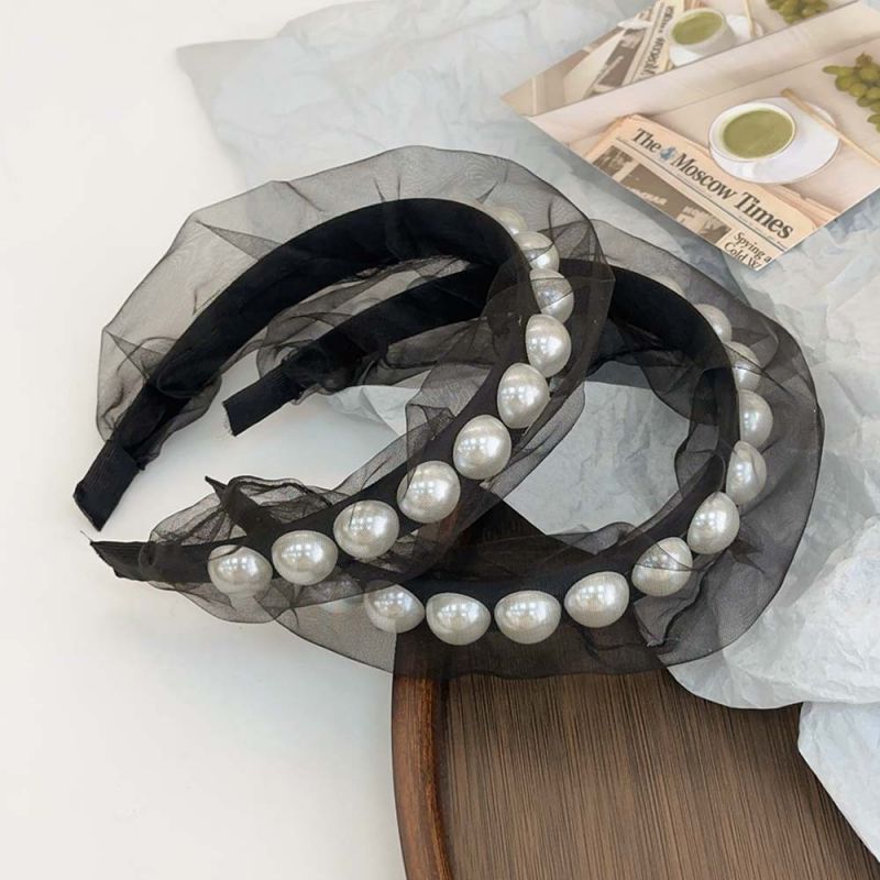 Fashion Black Pearl Pleated Mesh Wide-brimmed Headband,Head Band