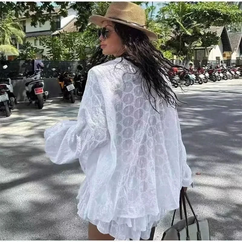 Fashion White Hollow Lace Button-down Shirt Layered Skirt Suit,Blusas