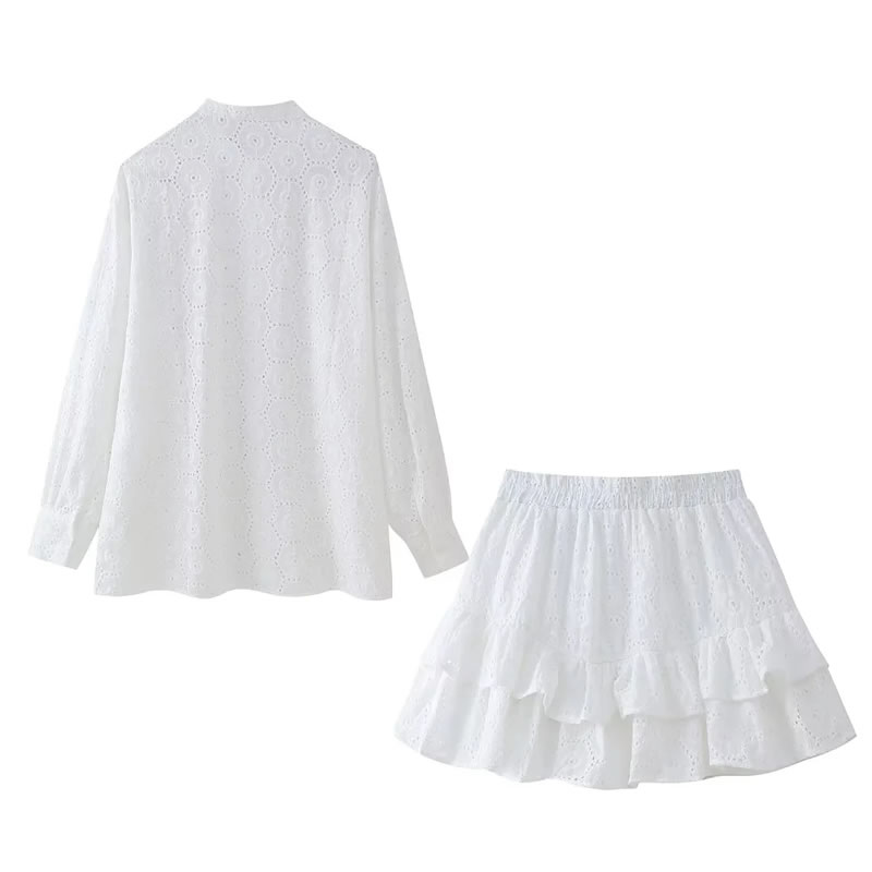 Fashion White Hollow Lace Button-down Shirt Layered Skirt Suit,Blouses