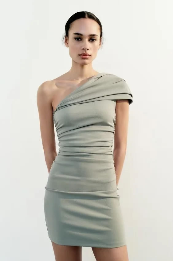 Fashion Mint Green Off-the-shoulder Pleated Asymmetric Skirt,Mini & Short Dresses