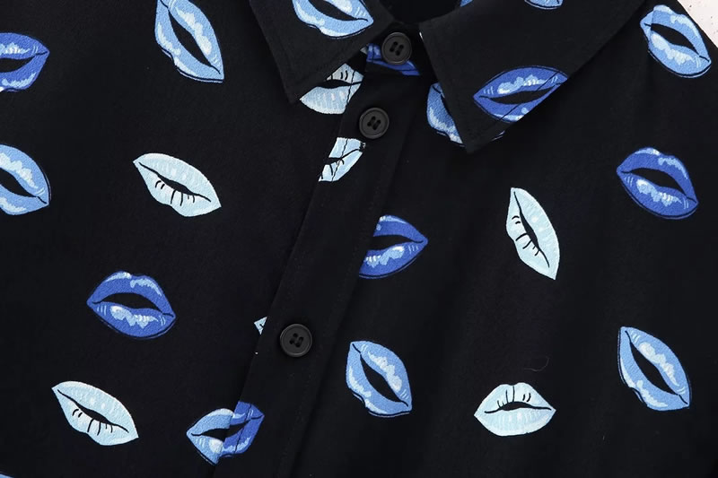 Fashion Black Polyester Printed Lapel Button-down Shirt,Blouses
