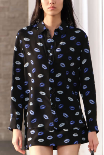 Fashion Black Polyester Printed Lapel Button-down Shirt,Blouses
