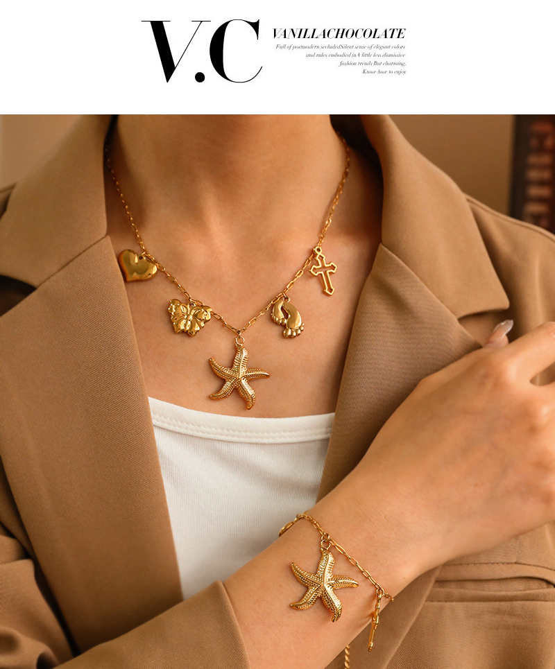 Fashion Golden 1 Titanium Steel Love Cross Starfish Pendant Necklace,Necklaces