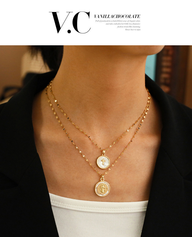 Fashion Golden 3 Titanium Steel Round Shell Cross Pendant Necklace,Necklaces