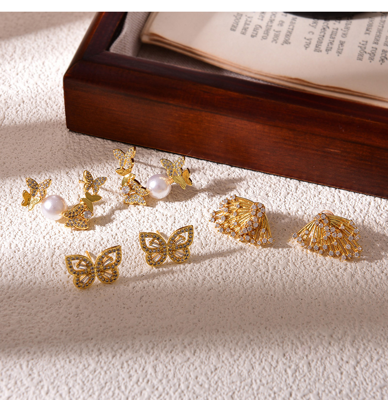 Fashion Golden 3 Copper Set Zircon Pearl Butterfly Earrings,Earrings
