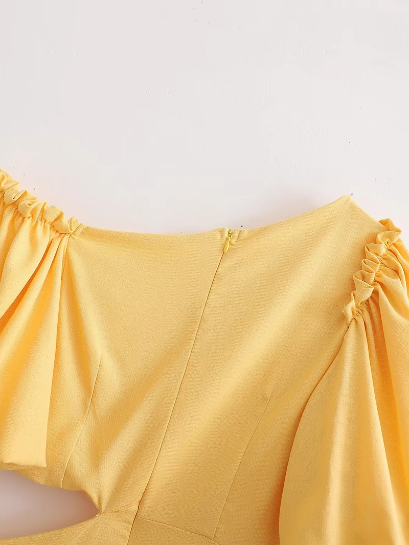 Fashion Yellow Cotton And Linen Hollow Skirt,Mini & Short Dresses