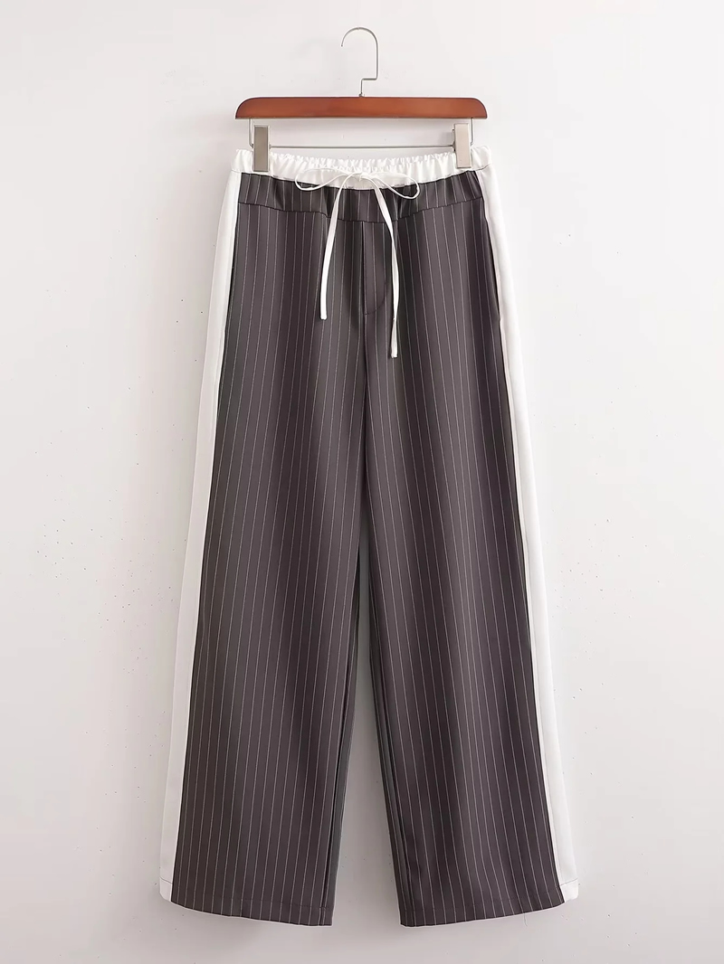 Fashion Stripe Polyester Striped Patchwork Lace-up Trousers,Pants