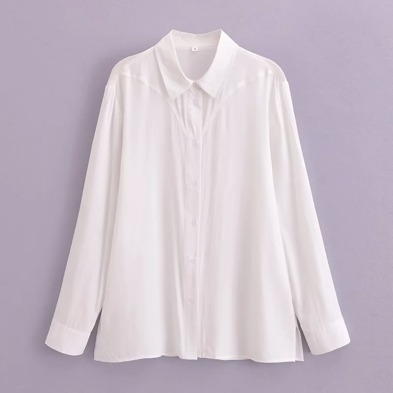 Fashion White Woven Lapel Button-down Shirt,Blouses