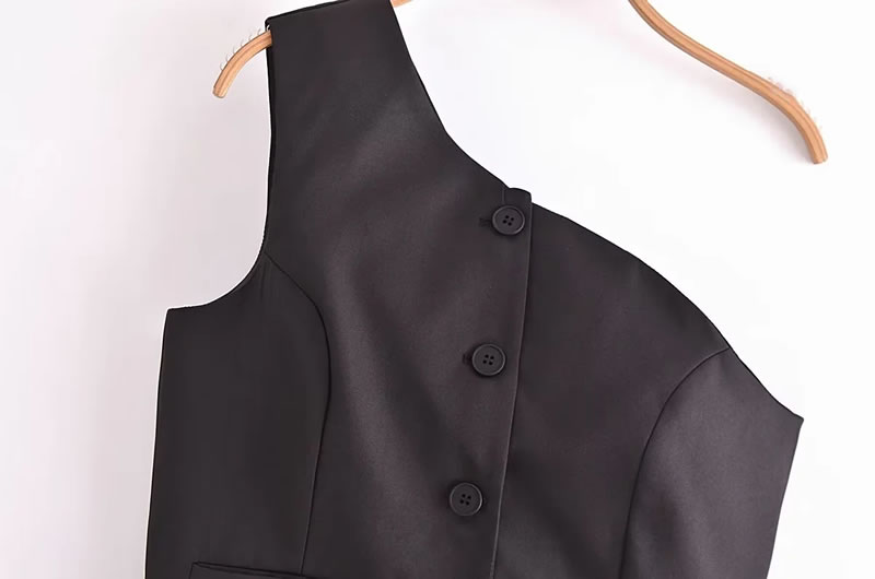 Fashion Black Woven One-shoulder Buttoned Vest,Tank Tops & Camis