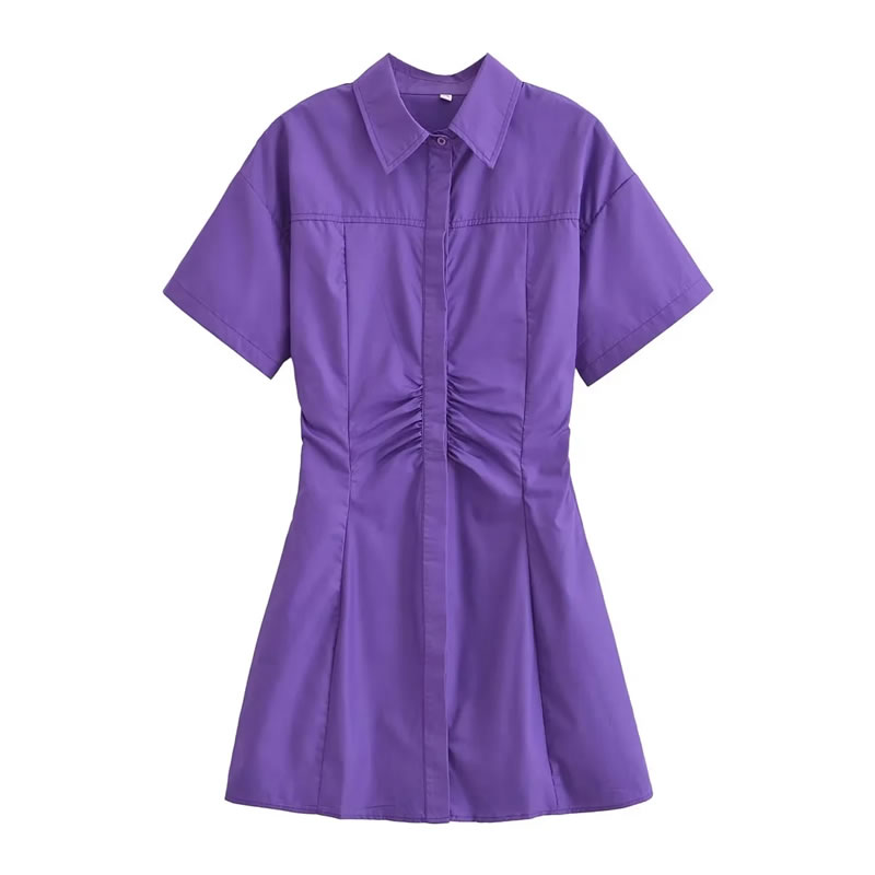 Fashion Purple Woven Lapel Smocked Skirt,Mini & Short Dresses