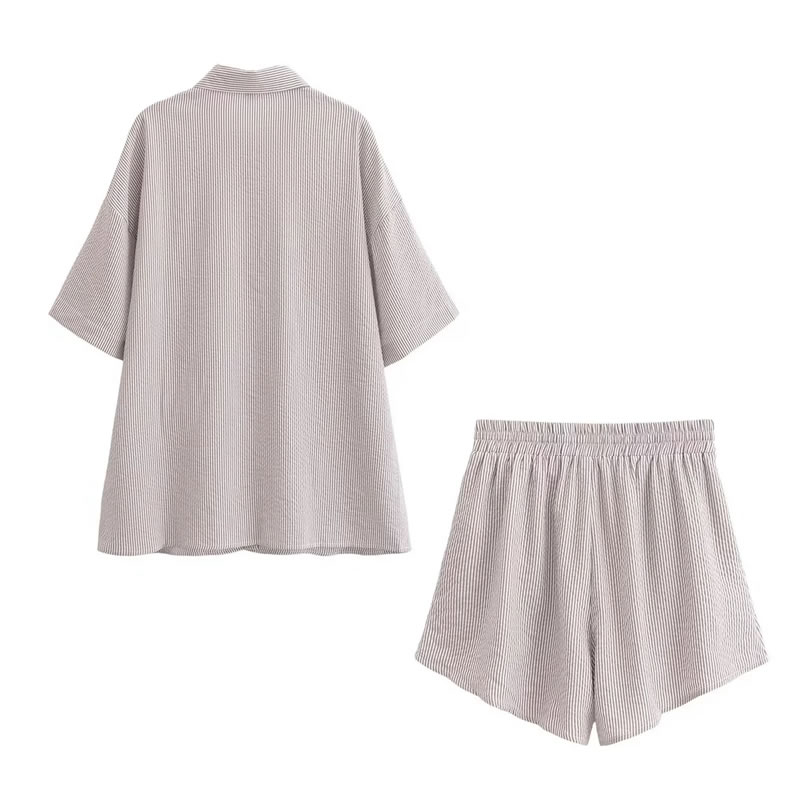 Fashion Grey Woven Lapel Button-down Shirt And Shorts Set,Blouses