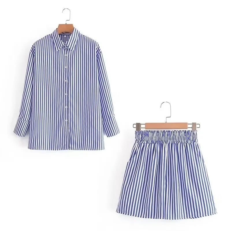 Fashion Blue Woven Lapel Button-down Shirt Skirt Suit,Blouses