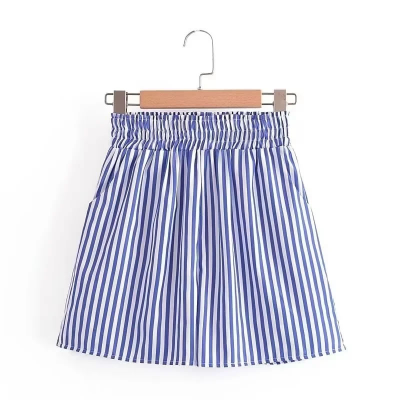 Fashion Blue Woven Lapel Button-down Shirt Skirt Suit,Blouses