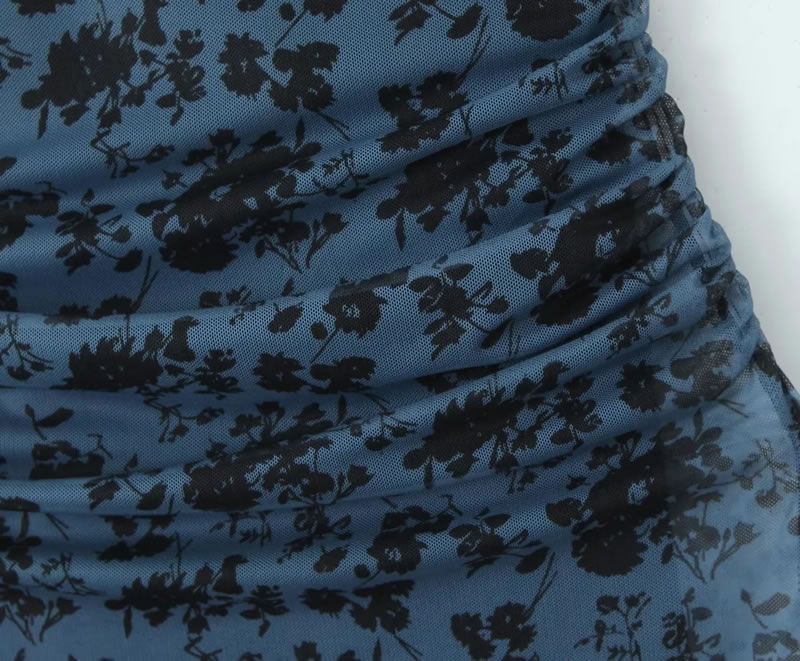 Fashion Blue Mesh Printed Long Skirt,Long Dress