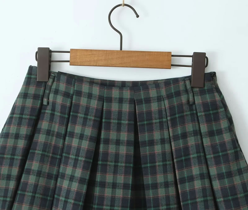 Fashion Green Grid Polyester Plaid Skirt,Skirts