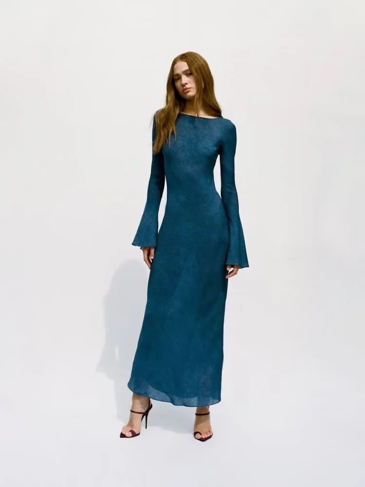 Fashion Dark Blue Flared Long Sleeve Maxi Dress,Long Dress