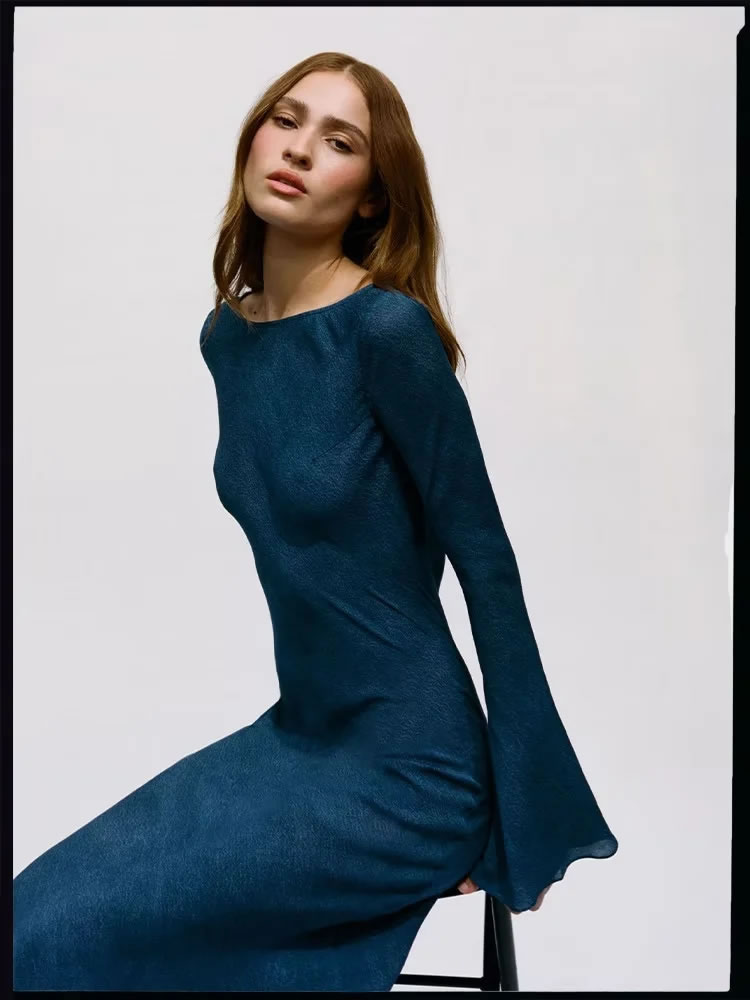 Fashion Dark Blue Flared Long Sleeve Maxi Dress,Long Dress