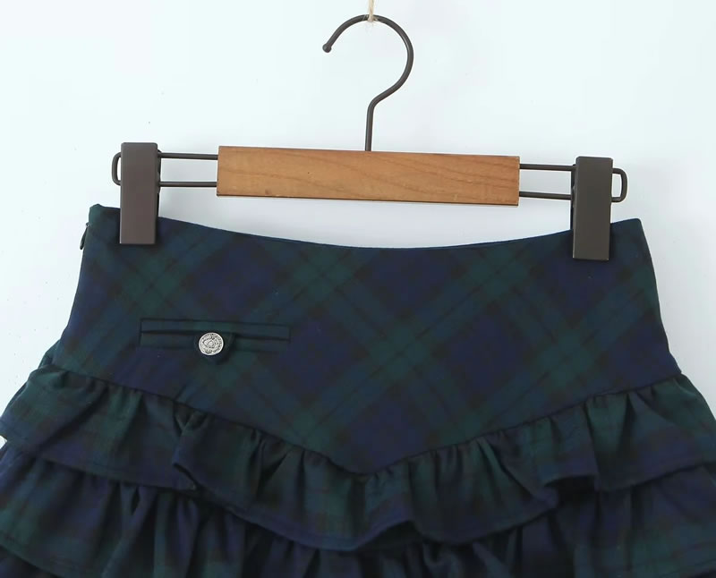 Fashion Blue And Green Grid Polyester Checked Layered Skirt,Skirts