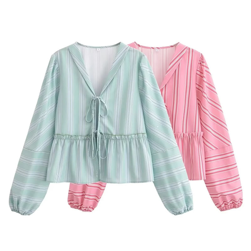 Fashion Green Woven Vertical Stripe Lace-up Puff Sleeve Top,T-shirts