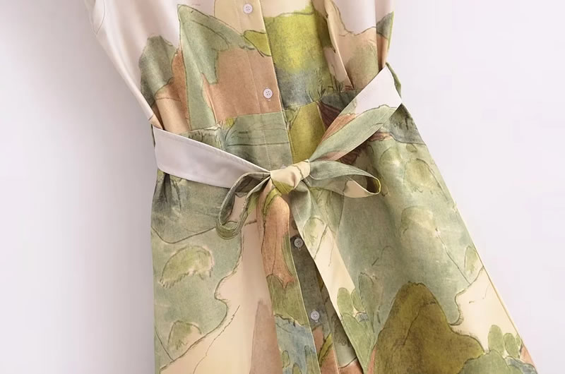 Fashion Multicolor Woven Printed Lapel Tie Long Skirt,Long Dress