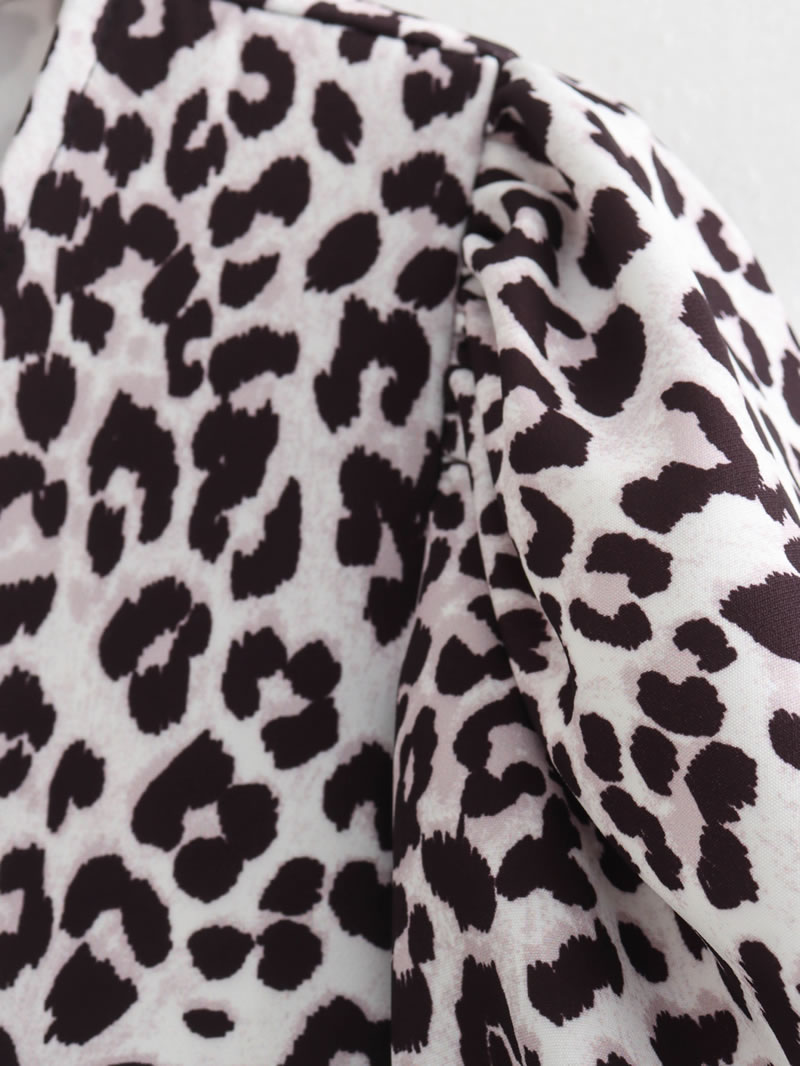 Fashion Print Color Polyester Leopard Print Lace-up Puff Sleeve Top,T-shirts