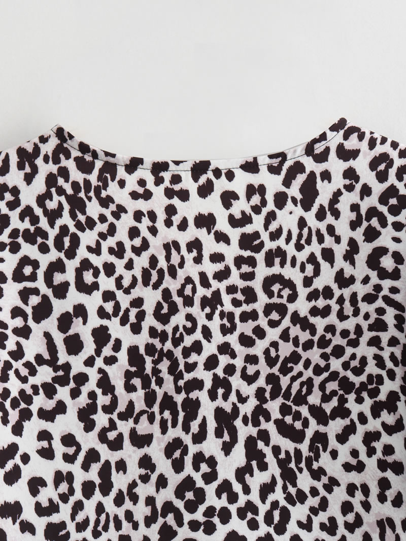 Fashion Print Color Polyester Leopard Print Lace-up Puff Sleeve Top,T-shirts