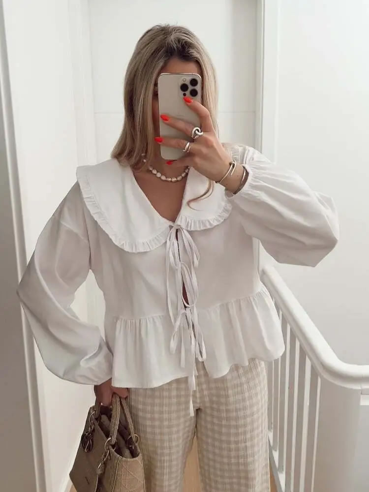 Fashion White Polyester Lace-up Lace Shirt,Blouses