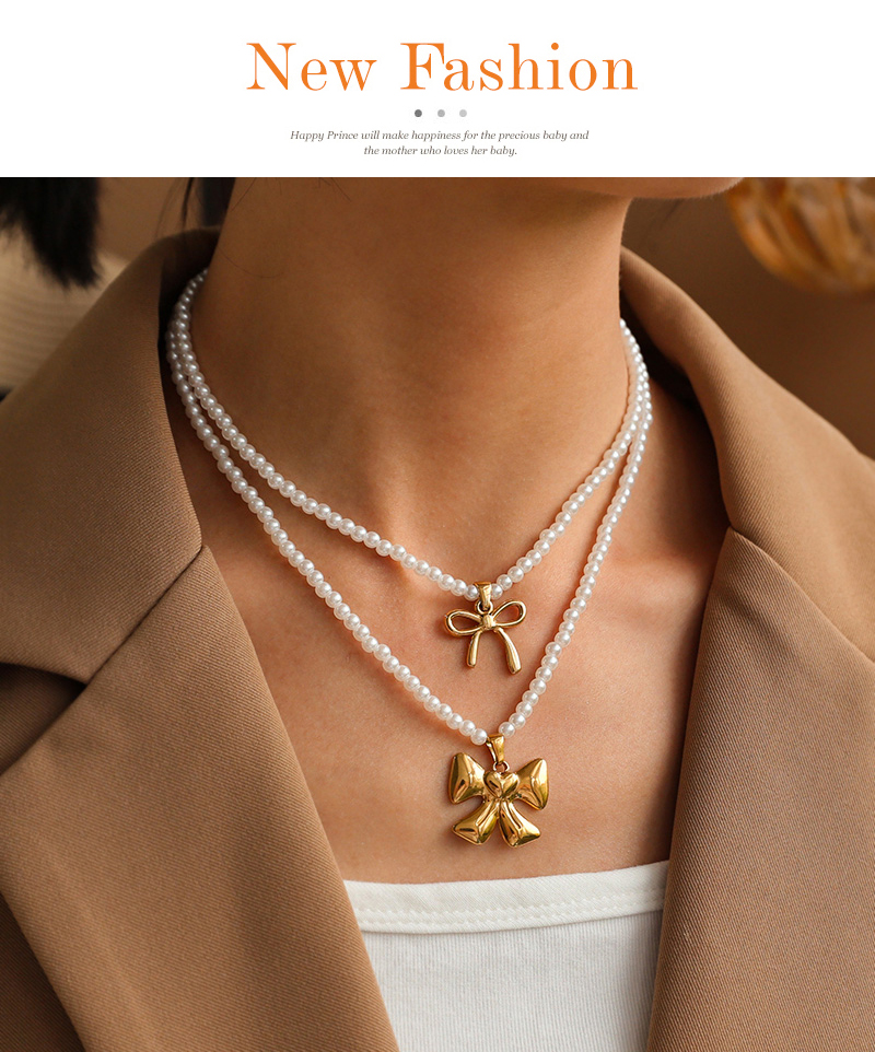 Fashion Golden 2 Titanium Steel Bow Pendant Pearl Necklace,Necklaces