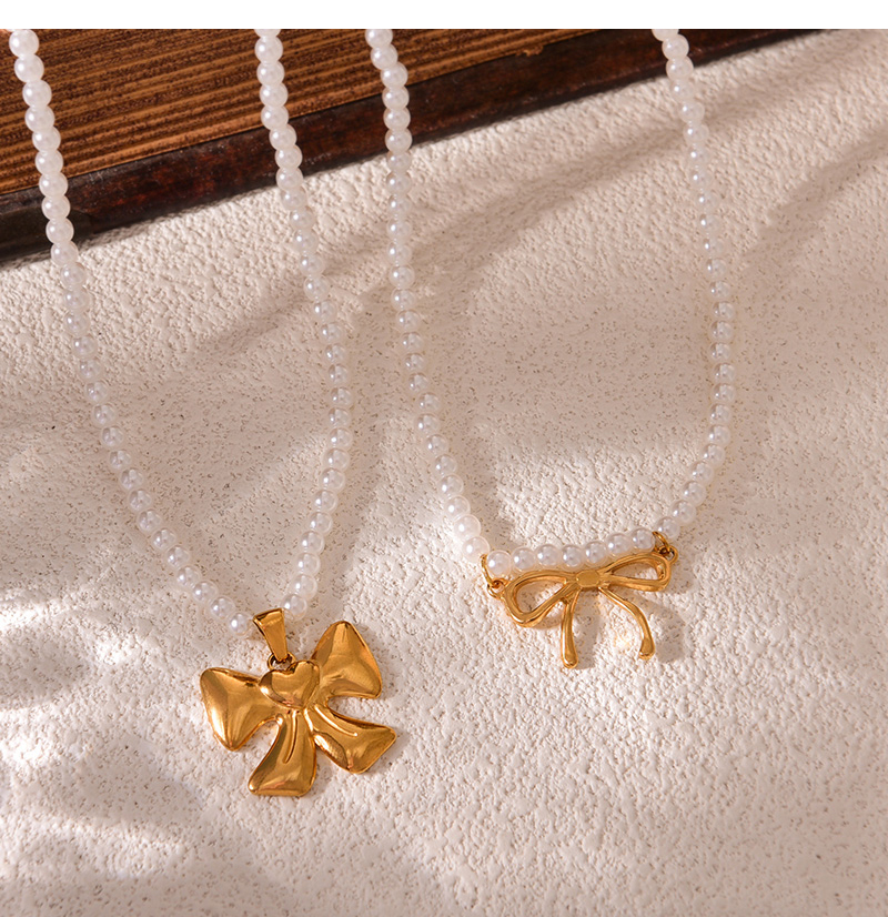 Fashion Golden 1 Titanium Steel Bow Pendant Pearl Necklace,Necklaces