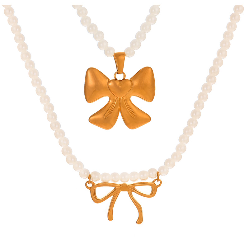 Fashion Golden 2 Titanium Steel Bow Pendant Pearl Necklace,Necklaces
