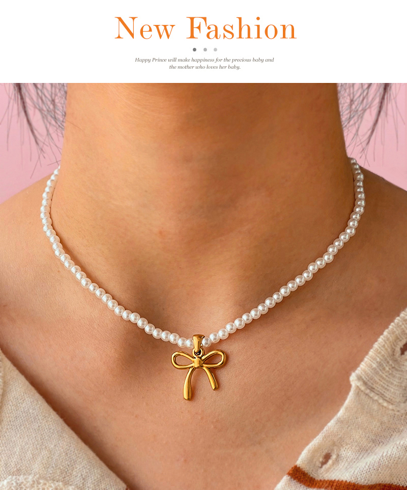 Fashion Gold Titanium Steel Bow Pendant Pearl Necklace,Necklaces
