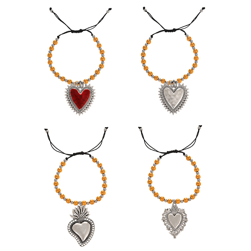 Fashion Silver 4 Titanium Steel Heart Pattern Pendant Beaded Braided Bracelet,Bracelets