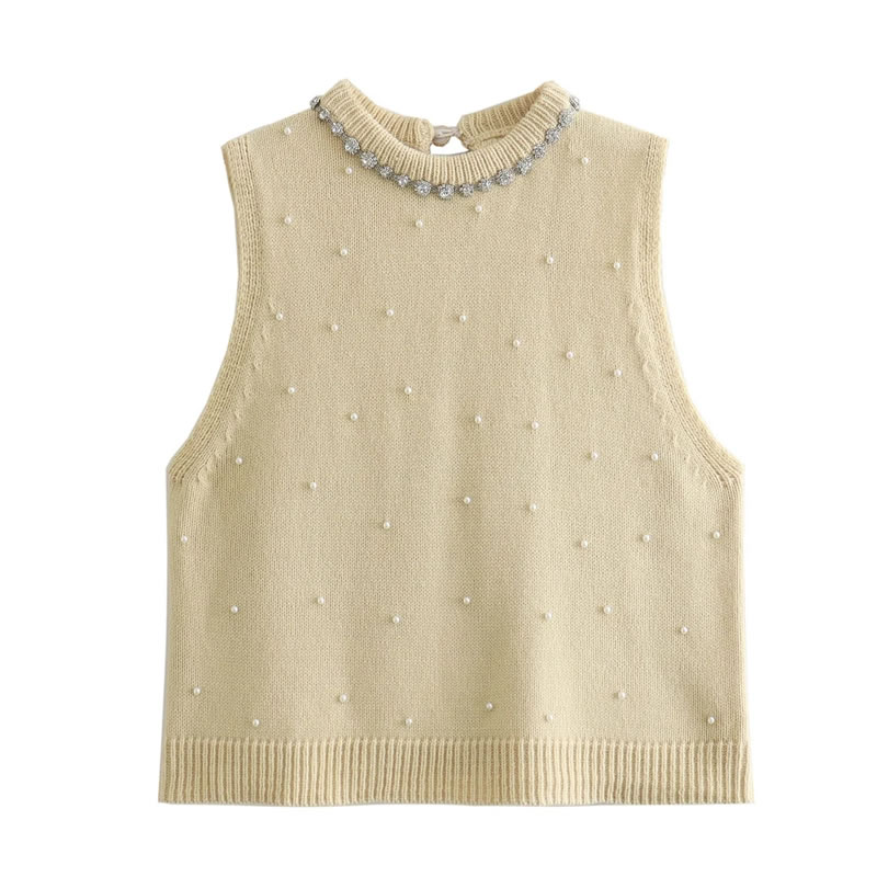 Fashion Cream Color Polyester Beaded Knitted Vest,Tank Tops & Camis