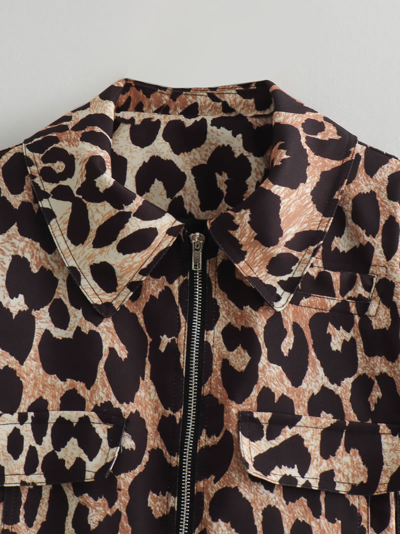 Fashion Leopard Print Polyester Leopard Print Lapel Zipped Jacket,Coat-Jacket
