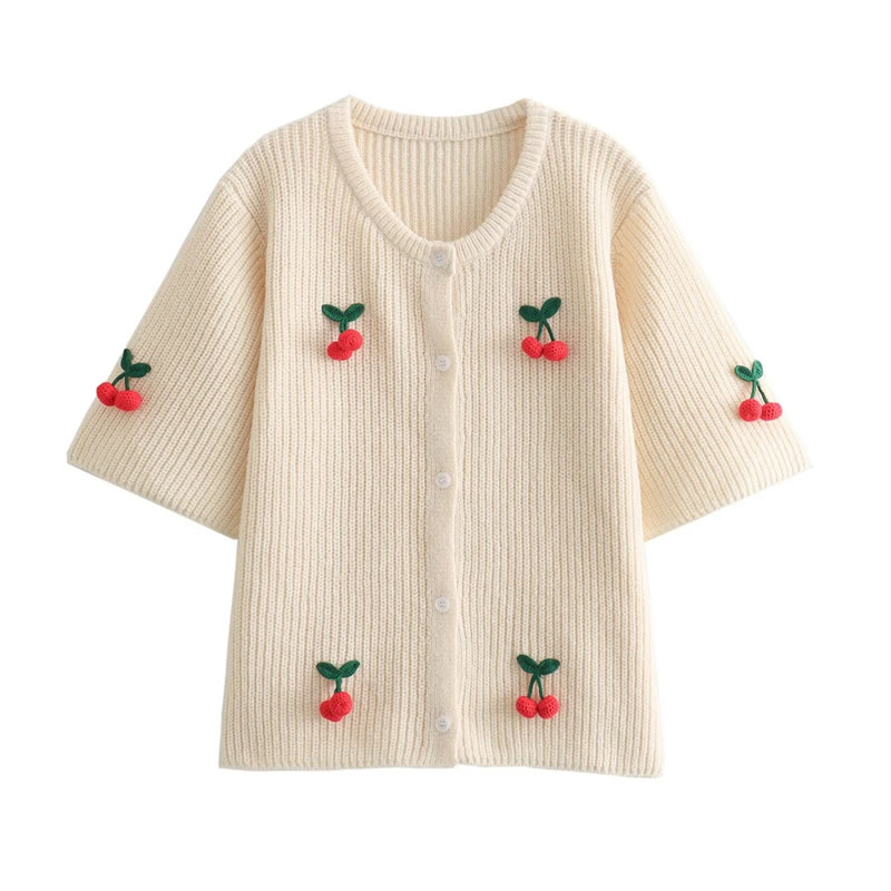 Fashion Off White Cherry Knitted Short Sleeve Sweater,T-shirts