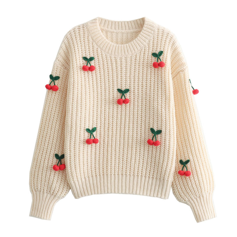 Fashion Off White Cherry Knit Long Sleeve Sweater,Sweater
